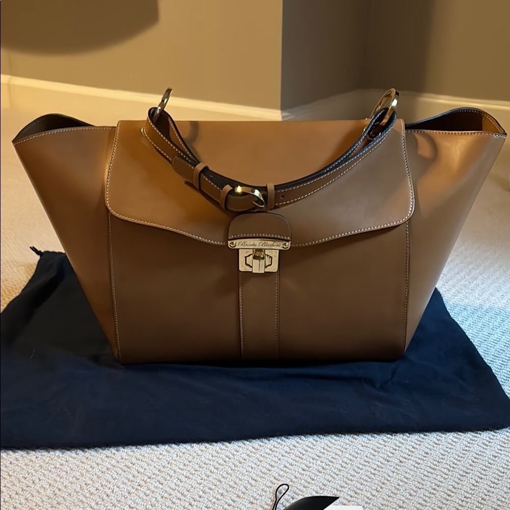 Brooks Brothers Tan Italian Vechetta Leather Trapezoid Satchel Bag Tote